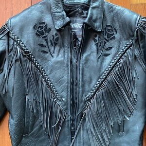 Unik Black Leather‎ Jacket with Fringe and rose Design women’s size XXL